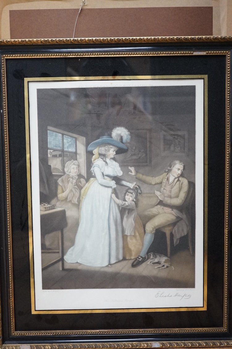 A set of six colour engravings after George Morland (1783-1804), to include the ‘Virtuous parent’ and ‘The Elopement’, together with a pair of colour prints depicting the Battle of Waterloo. Condition - varies